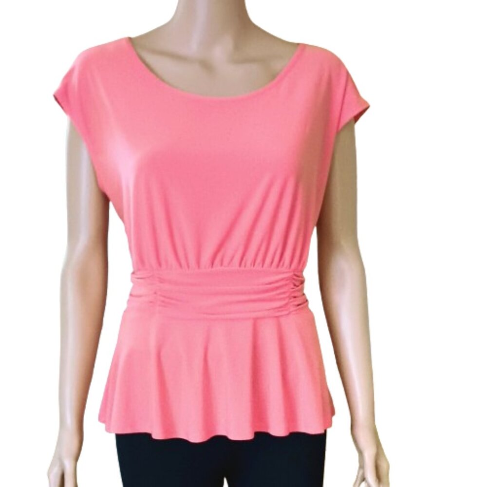 NWT Women's Coral Peplum Top 12 Cap Sleeve Pleated Waist Stretch Blouse